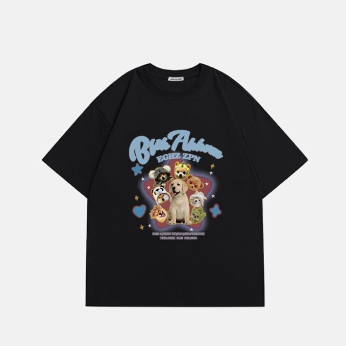 ネイビーコーデ わんこ集合プリント半袖Tシャツ