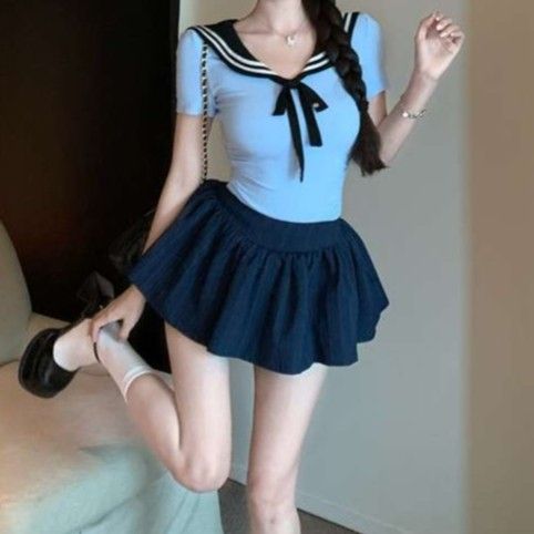 ネイビーコーデ マリン風リボン セーラー服制服 セットアップ