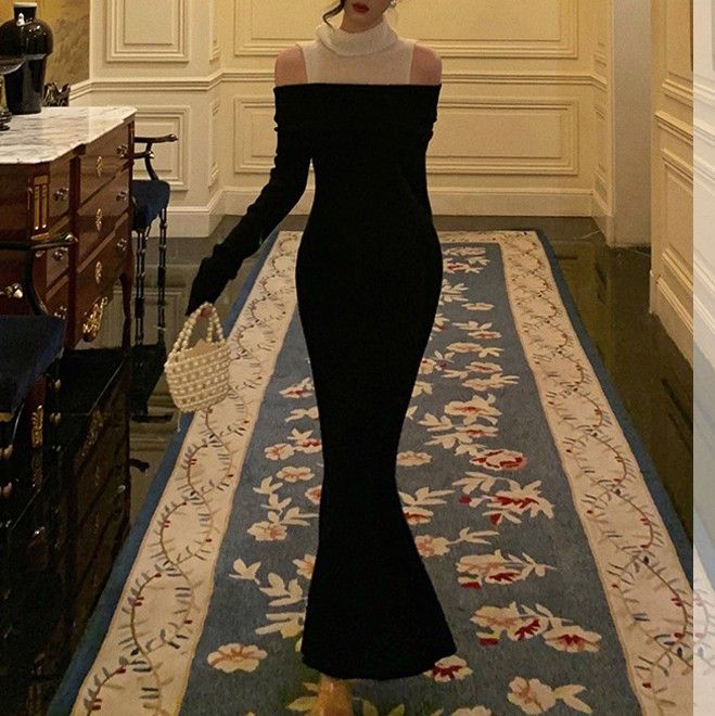 ネイビーコーデ ネックデザイン オフショルダー 優美ワンピース