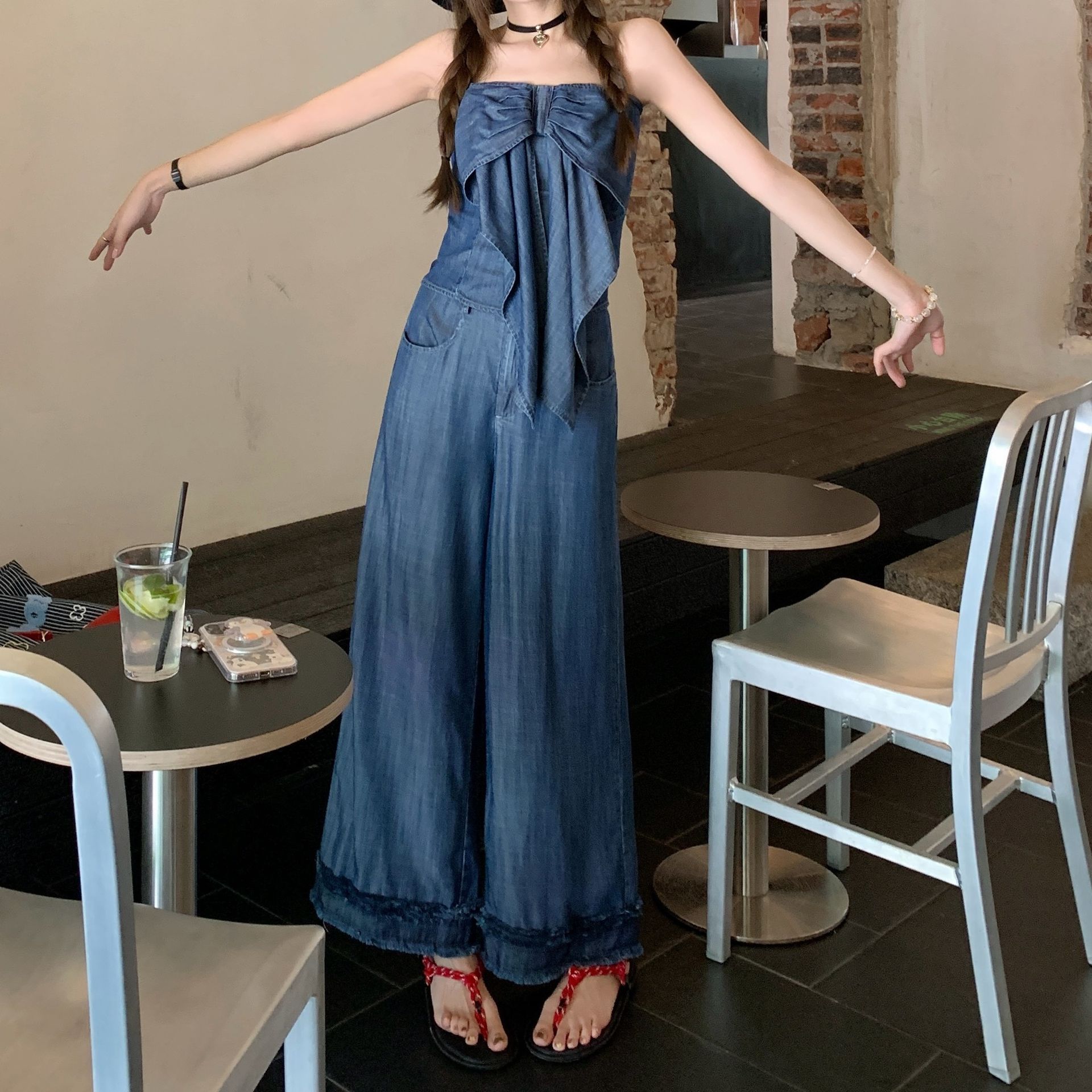 ネイビーコーデ ネイビーコーデ リボン付きデニムワイドパンツ