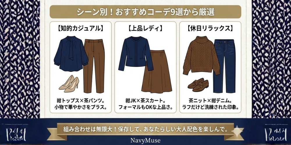大人ネイビー×茶色コーデシーン別