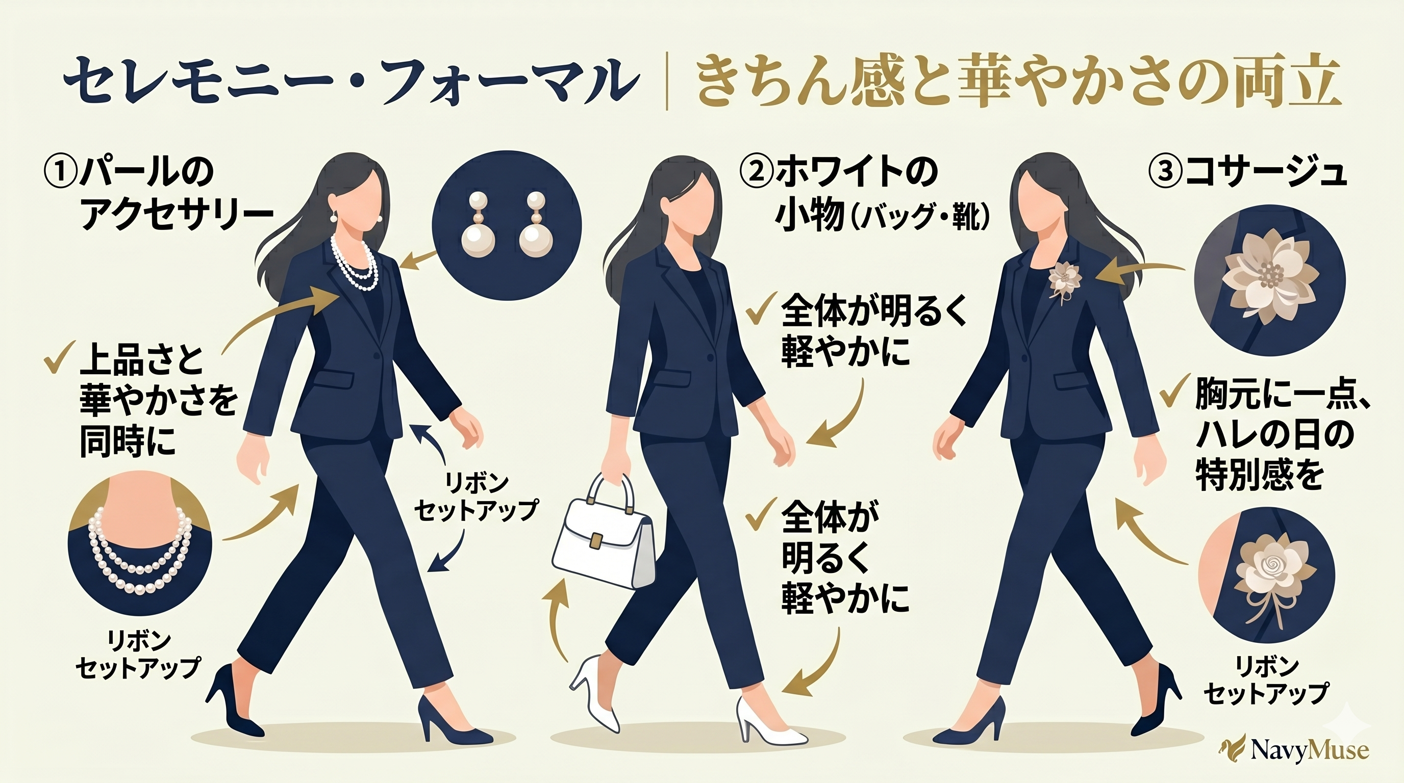 ネイビースーツ レディースコーデ、セレモニーと入学式・卒業式の着こなし方まとめ