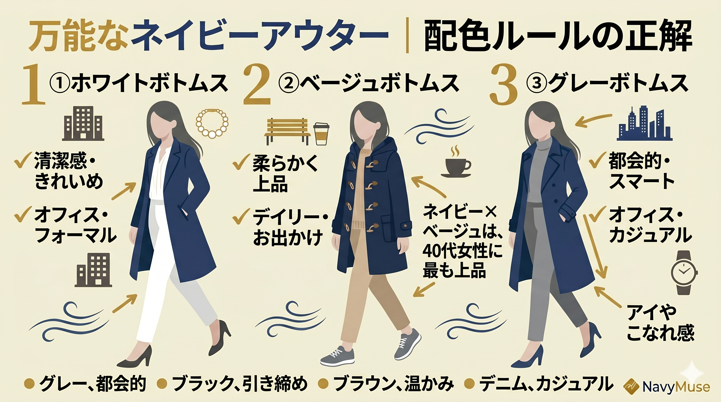 ネイビーアウターコーデの選び方まとめ