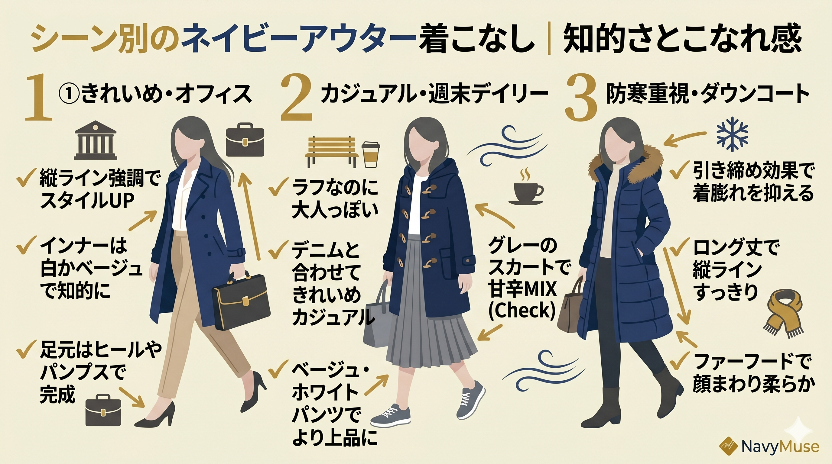 ネイビーアウターコーデの選び方まとめ