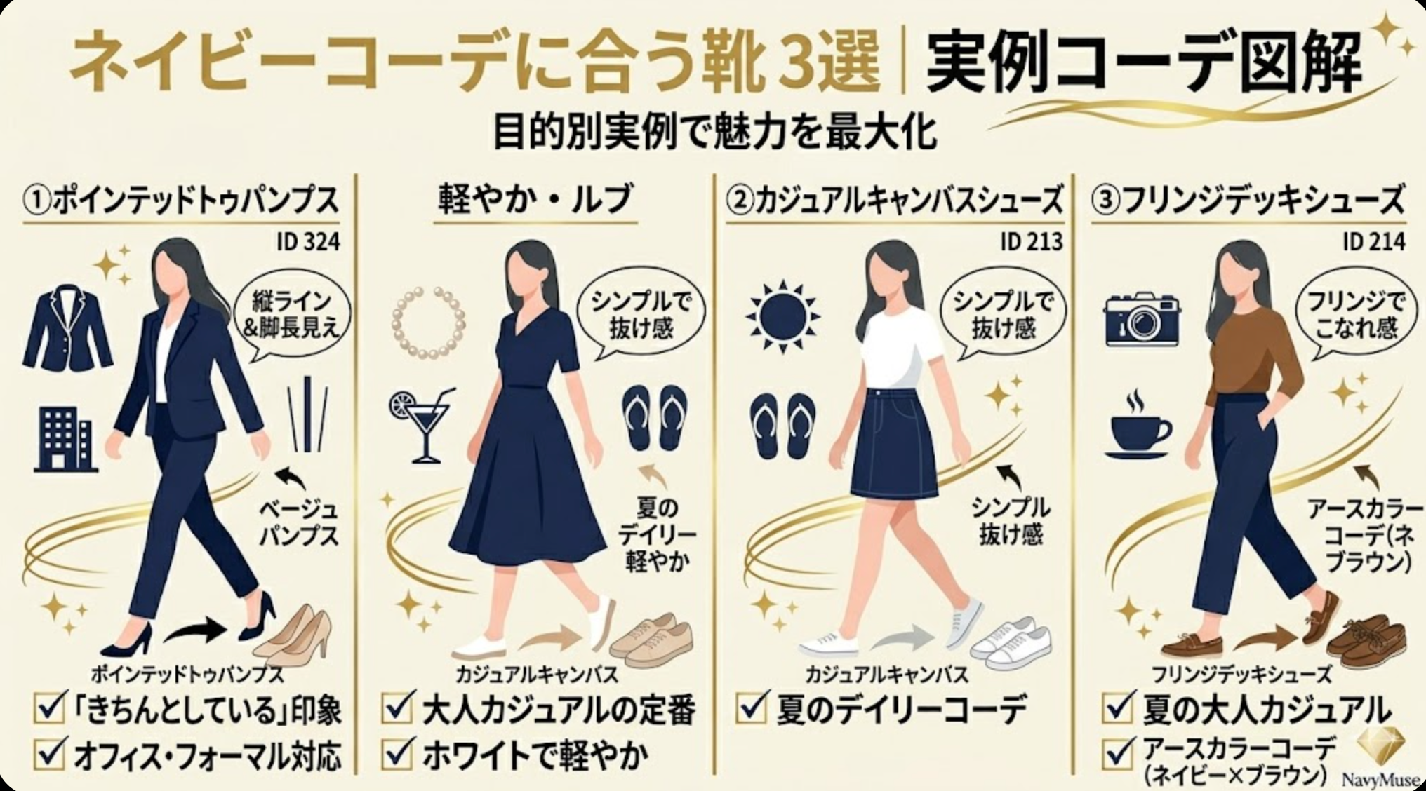 ネイビーコーデに合う靴の色、基本の考え方