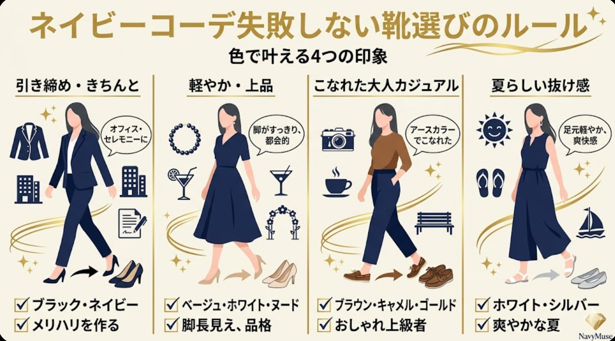 ネイビーコーデに合う靴の色、基本の考え方