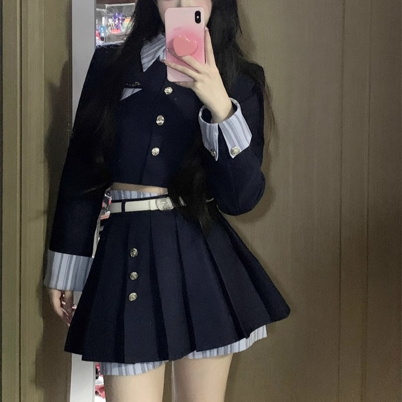 ネイビーコーデ 清楚学園制服コスセットアップ