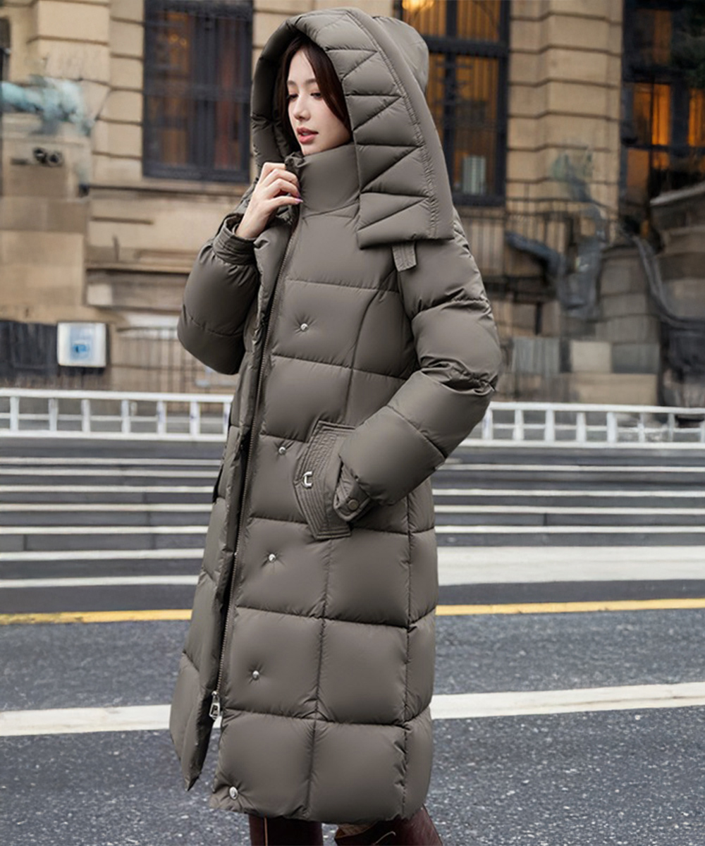 ネイビーコーデ フード付き中綿ロング丈防寒アウター