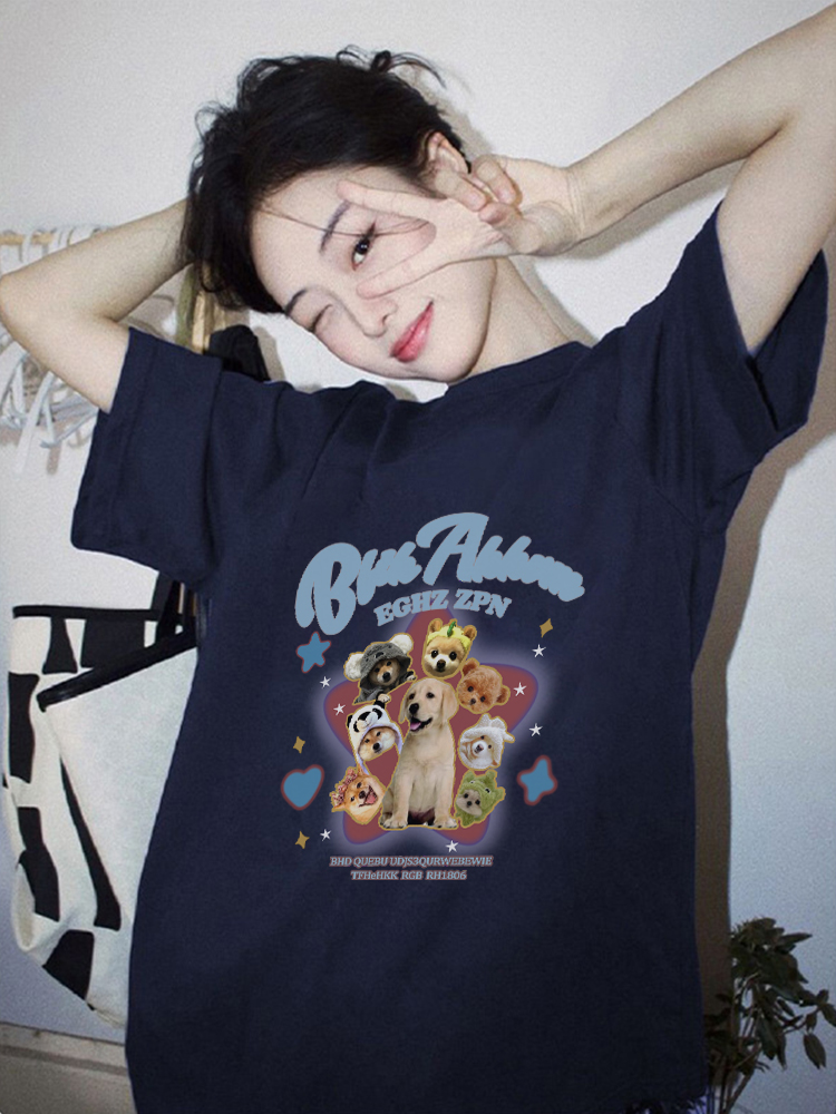 ネイビーコーデ わんこ集合プリント半袖Tシャツ
