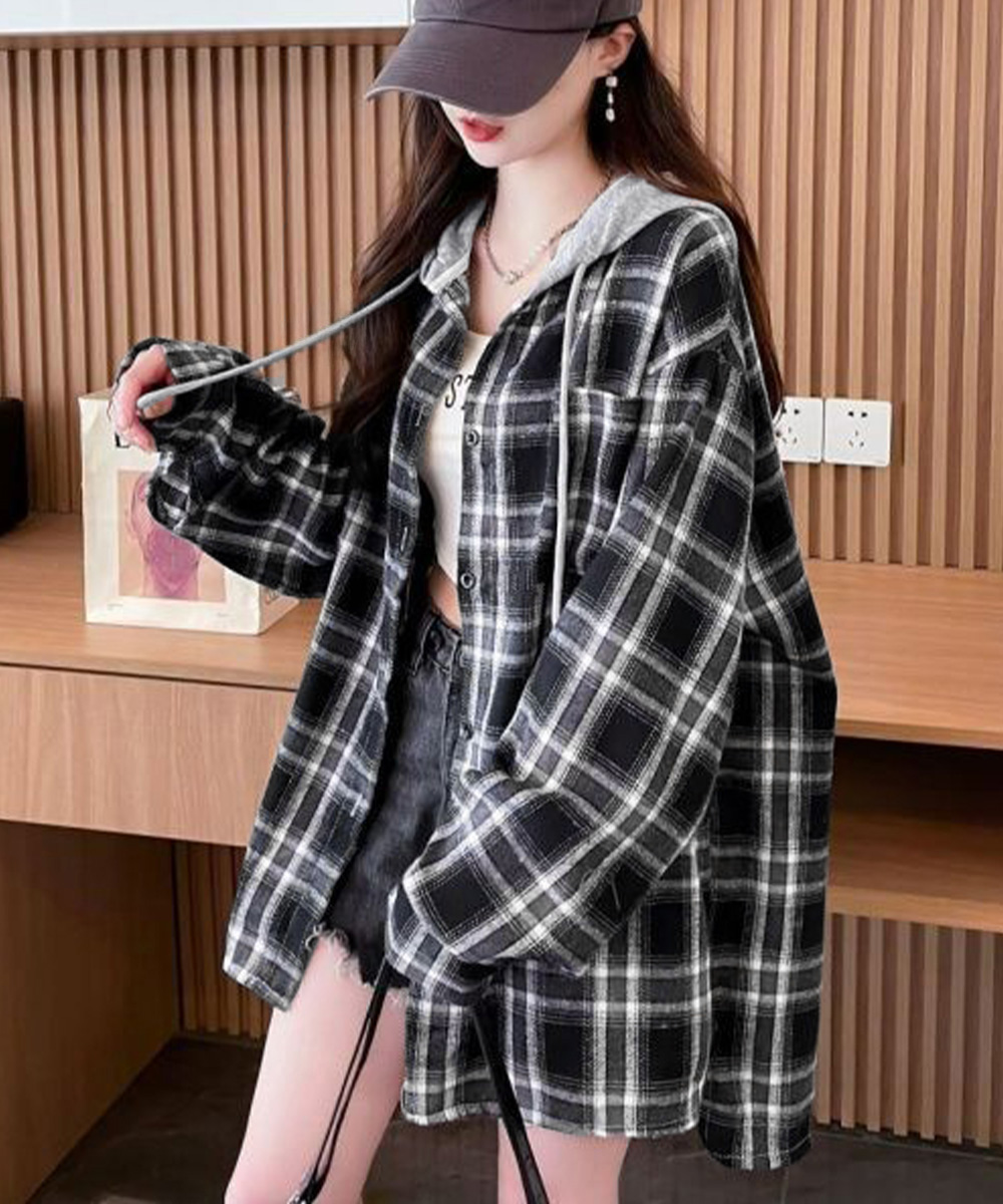 ネイビーコーデ チェック柄フード付きシャツアウター レディース秋冬