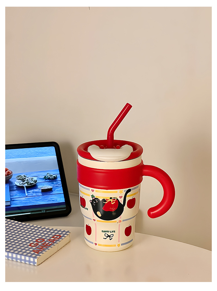 ネイビーコーデに合う 猫柄ストロー付きマグカップ