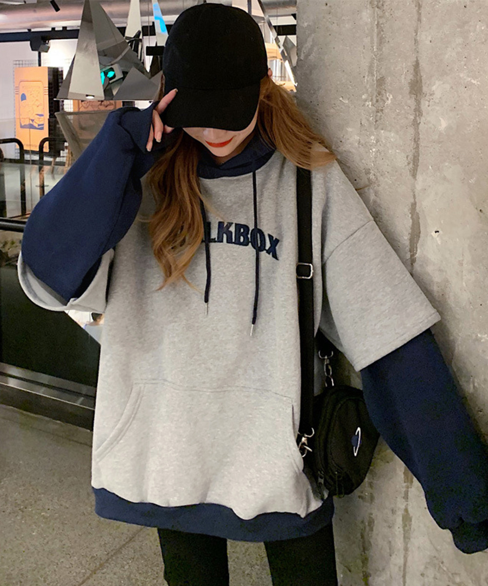 ネイビーコーデ 裏起毛 配色切り替え パーカー レディース トップス