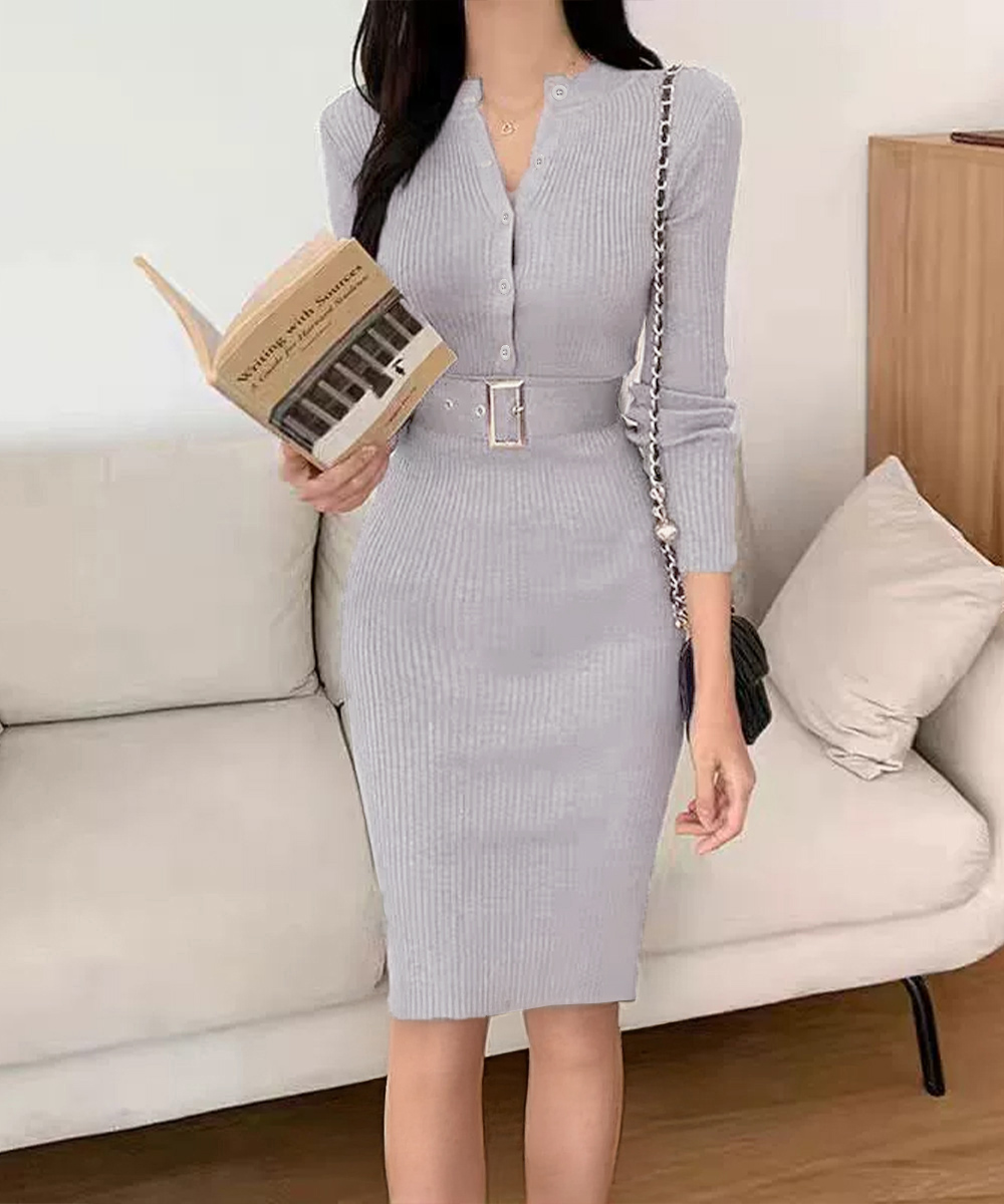 ネイビーコーデ リブニット膝丈ワンピース ベルト付きドレス秋冬