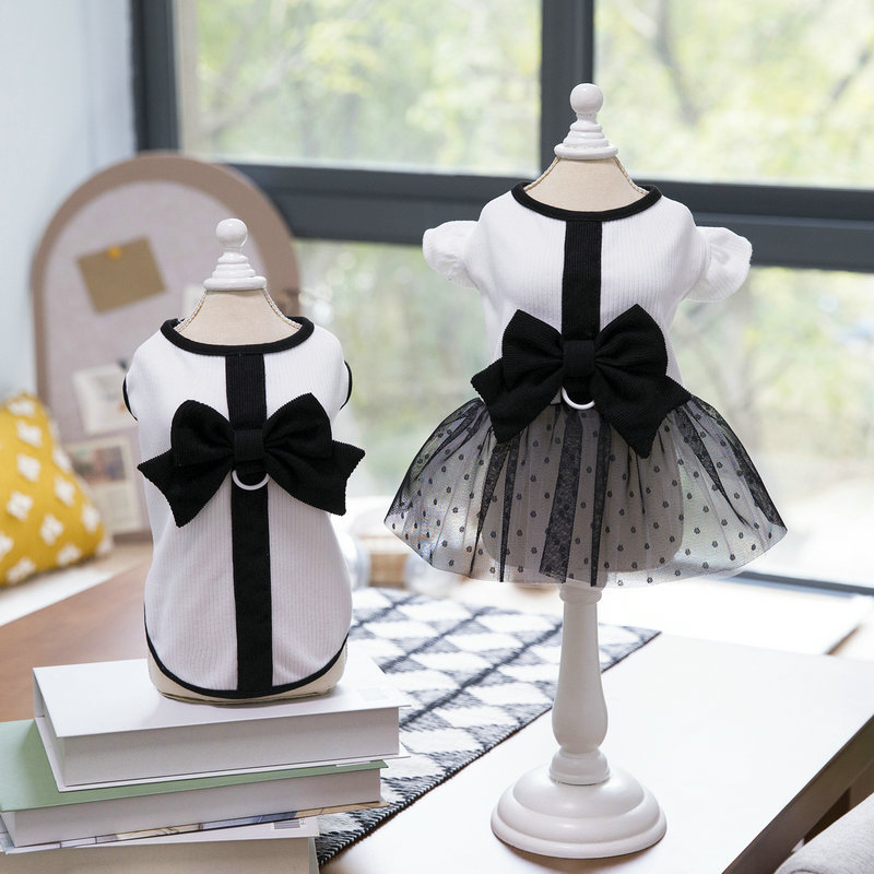 ネイビーコーデ 春夏新作 リボン付きワンピース ペット服 犬用ドレス