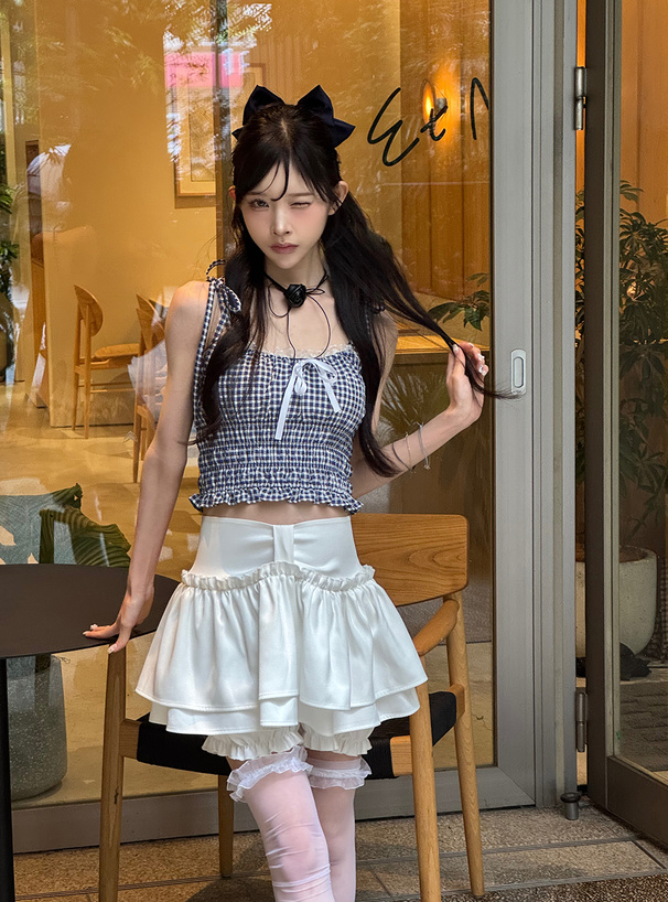 ネイビーコーデ 格子柄リボン付きキャミソール