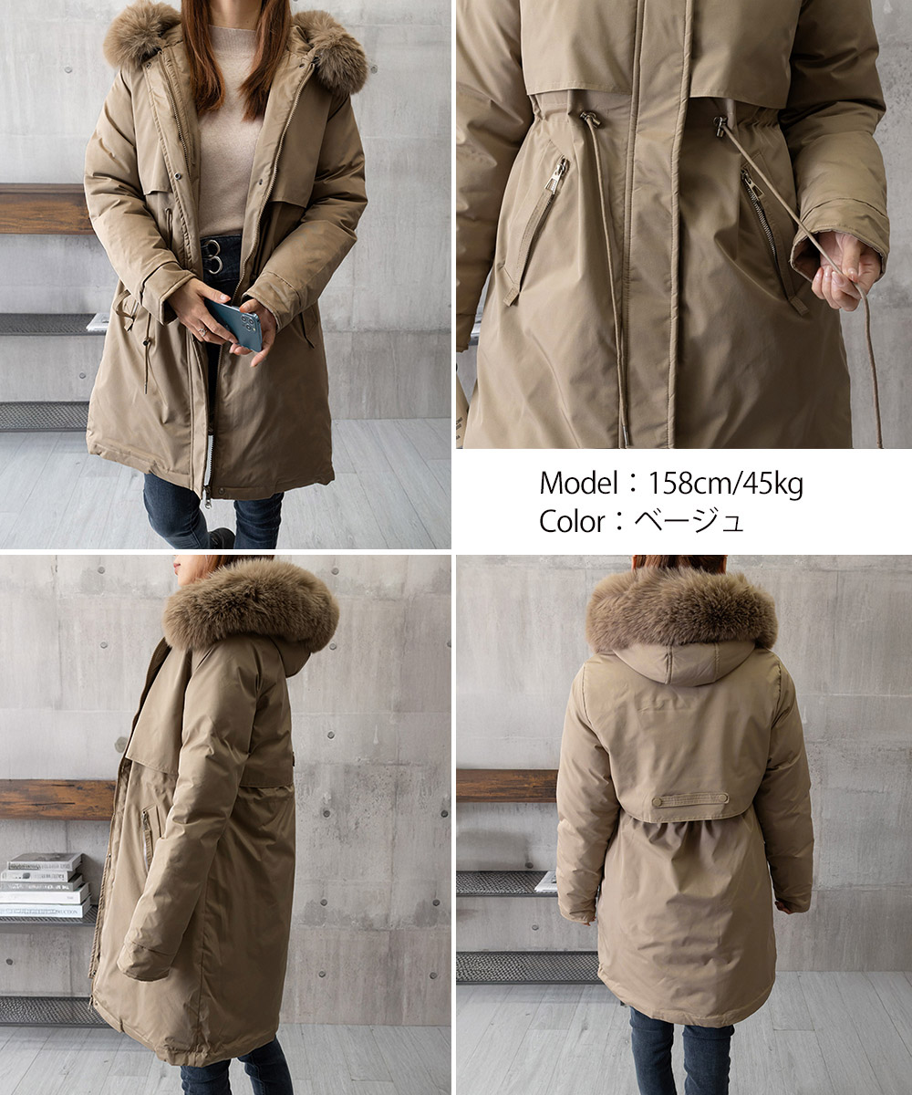 ネイビーコーデ 中綿入りファーフード付きミドル丈アウター韓国風