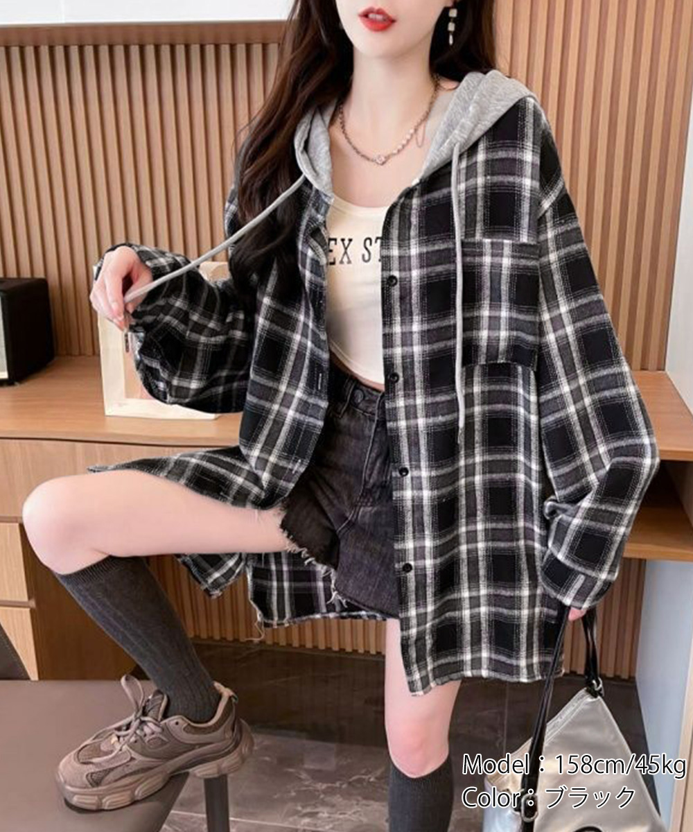 ネイビーコーデ チェック柄フード付きシャツアウター レディース秋冬