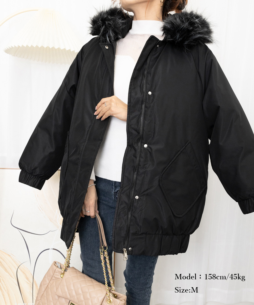 ネイビーコーデ 中綿ロングコートファー付きアウター防寒コート