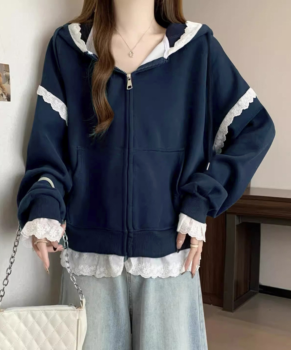 ネイビーコーデ レース切り替え前開きトップス韓国風ゆったりパーカー