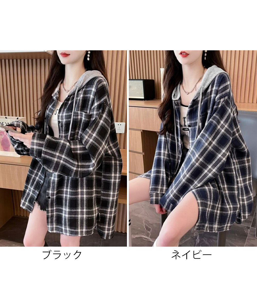 ネイビーコーデ チェック柄フード付きシャツアウター レディース秋冬