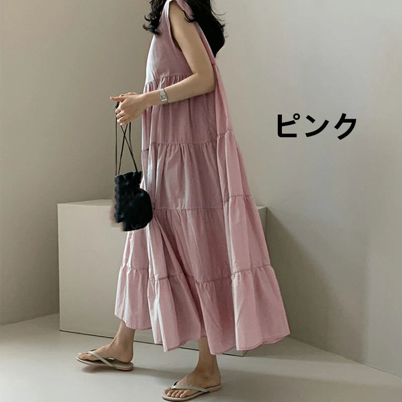 ネイビーコーデ ティアードマキシ丈ワンピース ノースリーブドレス