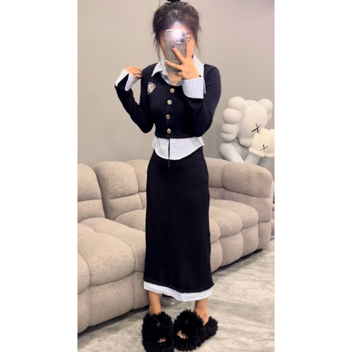 ネイビーコーデ 格子柄切替レイヤード風セットアップ