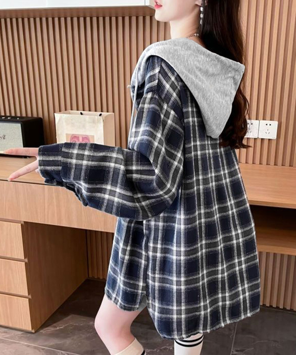 ネイビーコーデ チェック柄フード付きシャツアウター レディース秋冬