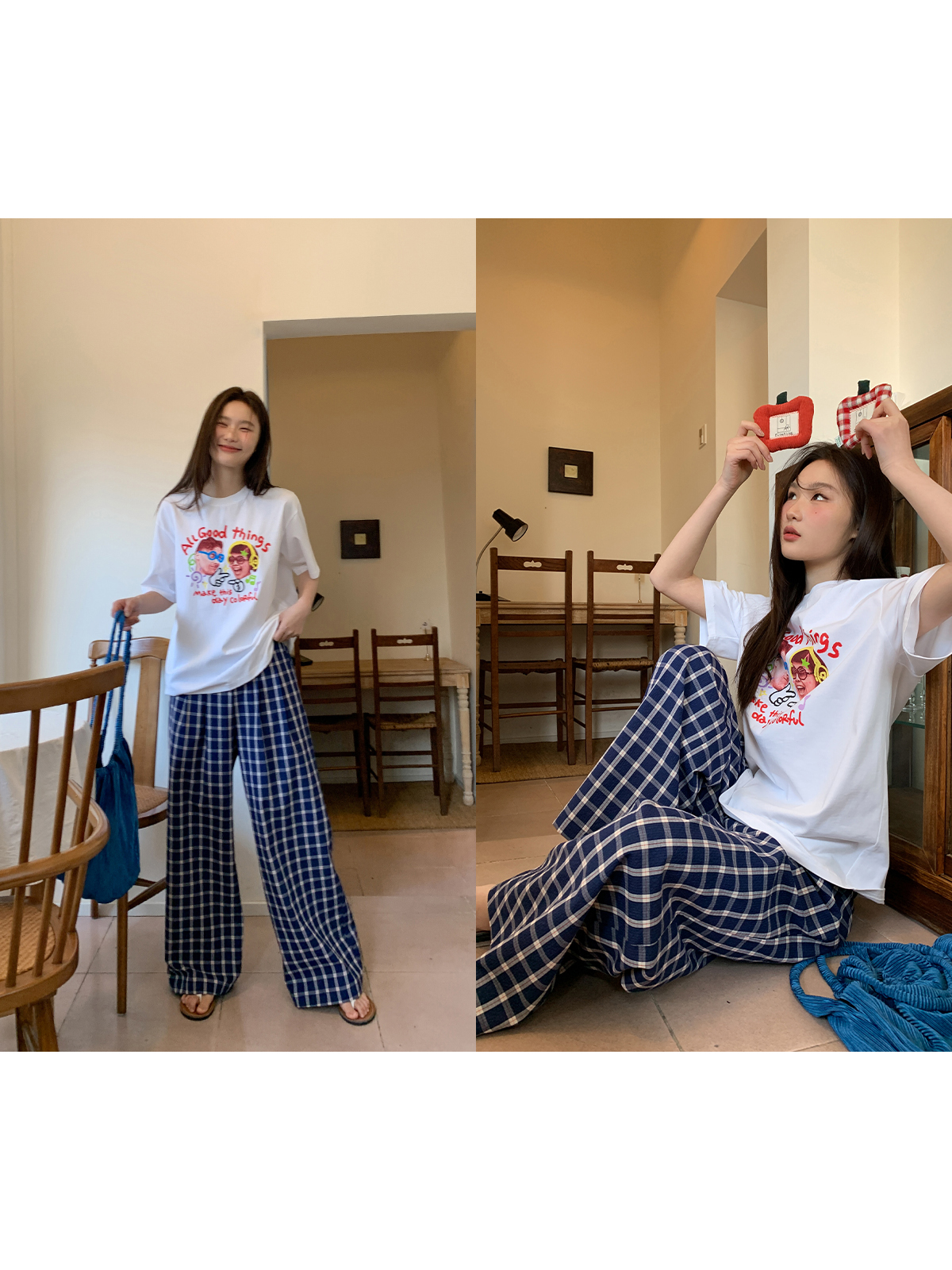 ネイビーコーデ ネイビーコーデ 格子柄ゆったりワイドパンツ