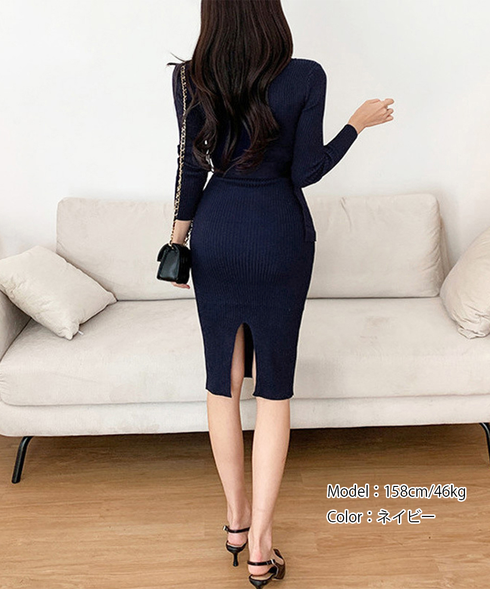 ネイビーコーデ リブニット膝丈ワンピース ベルト付きドレス秋冬