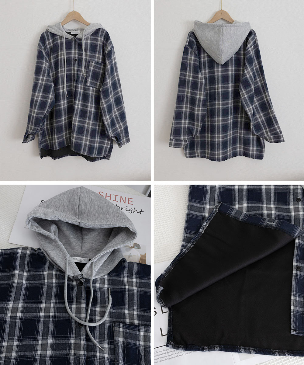 ネイビーコーデ チェック柄フード付きシャツアウター レディース秋冬