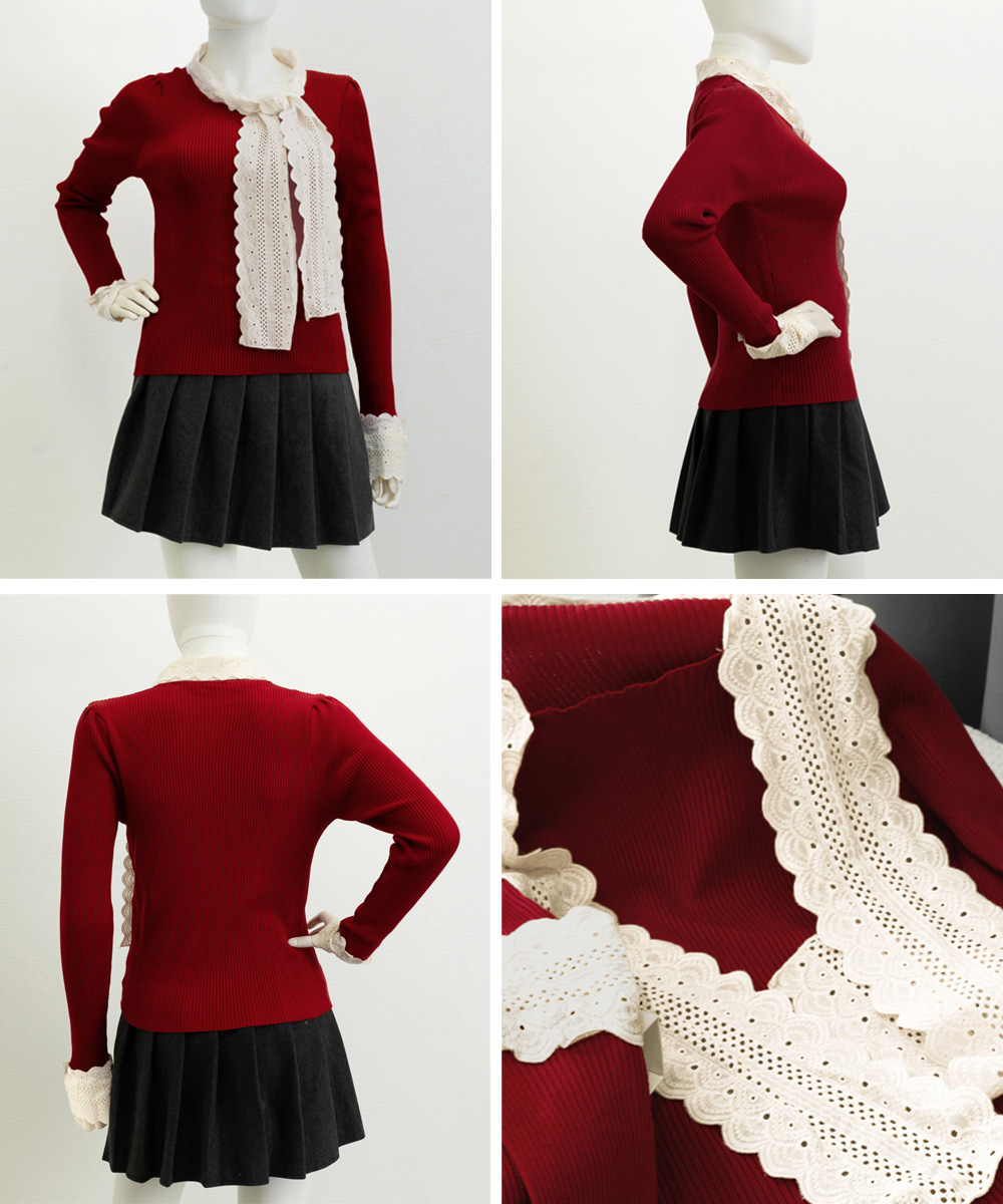 ネイビーコーデ 刺繍レース襟タイ付きトップス長袖リブニット