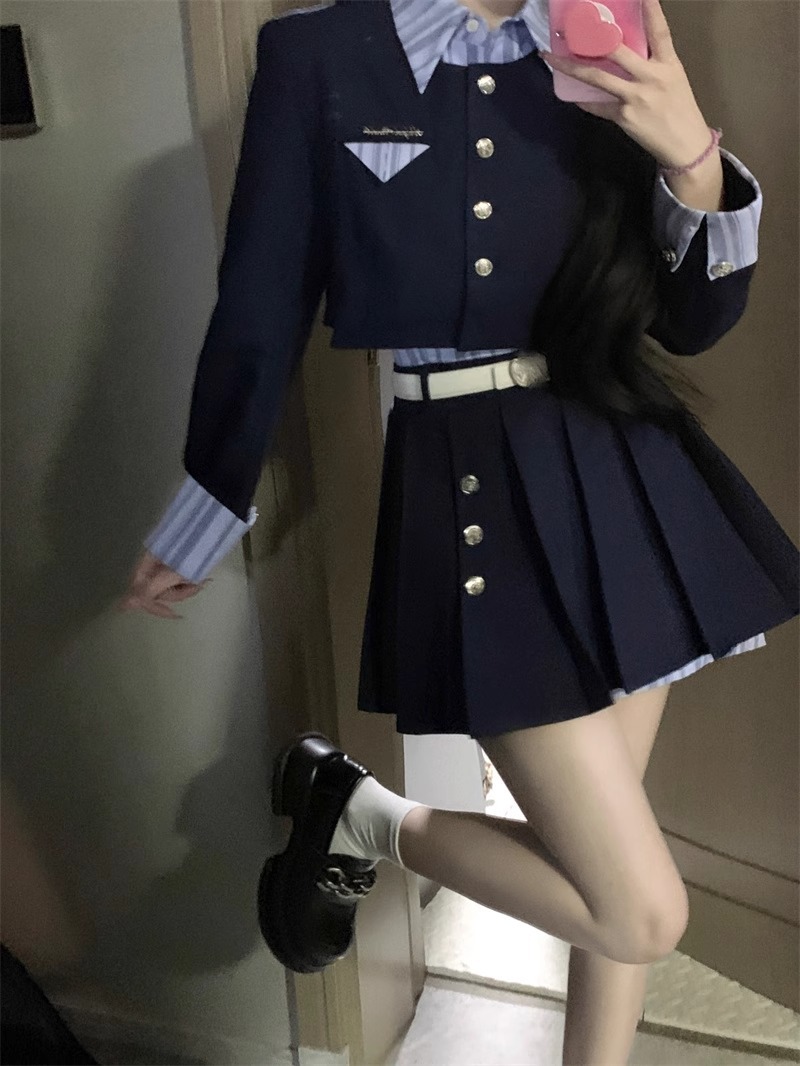 ネイビーコーデ 清楚学園制服コスセットアップ