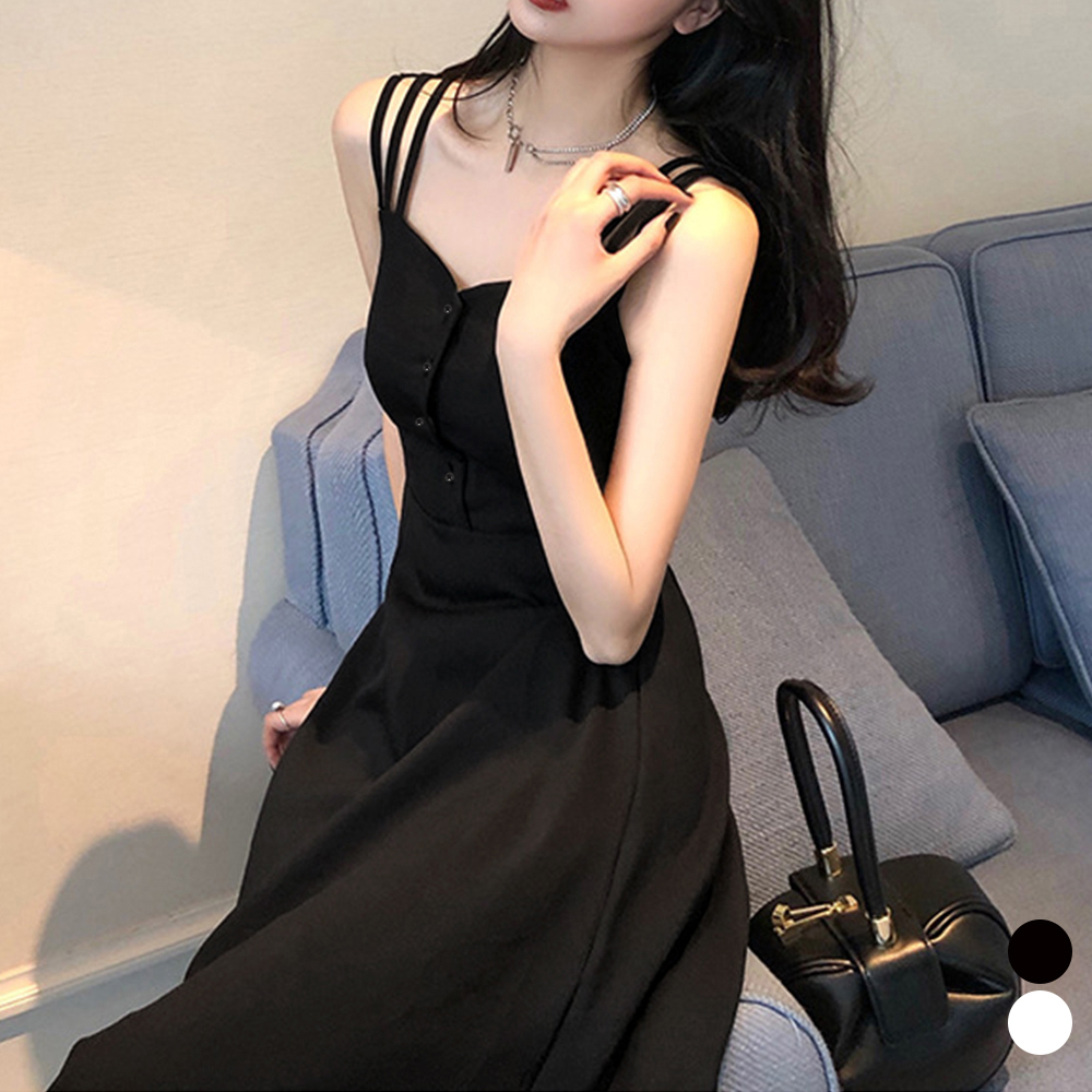 ネイビーコーデ 三本紐デザイン 美シルエット キャミワンピース 夏