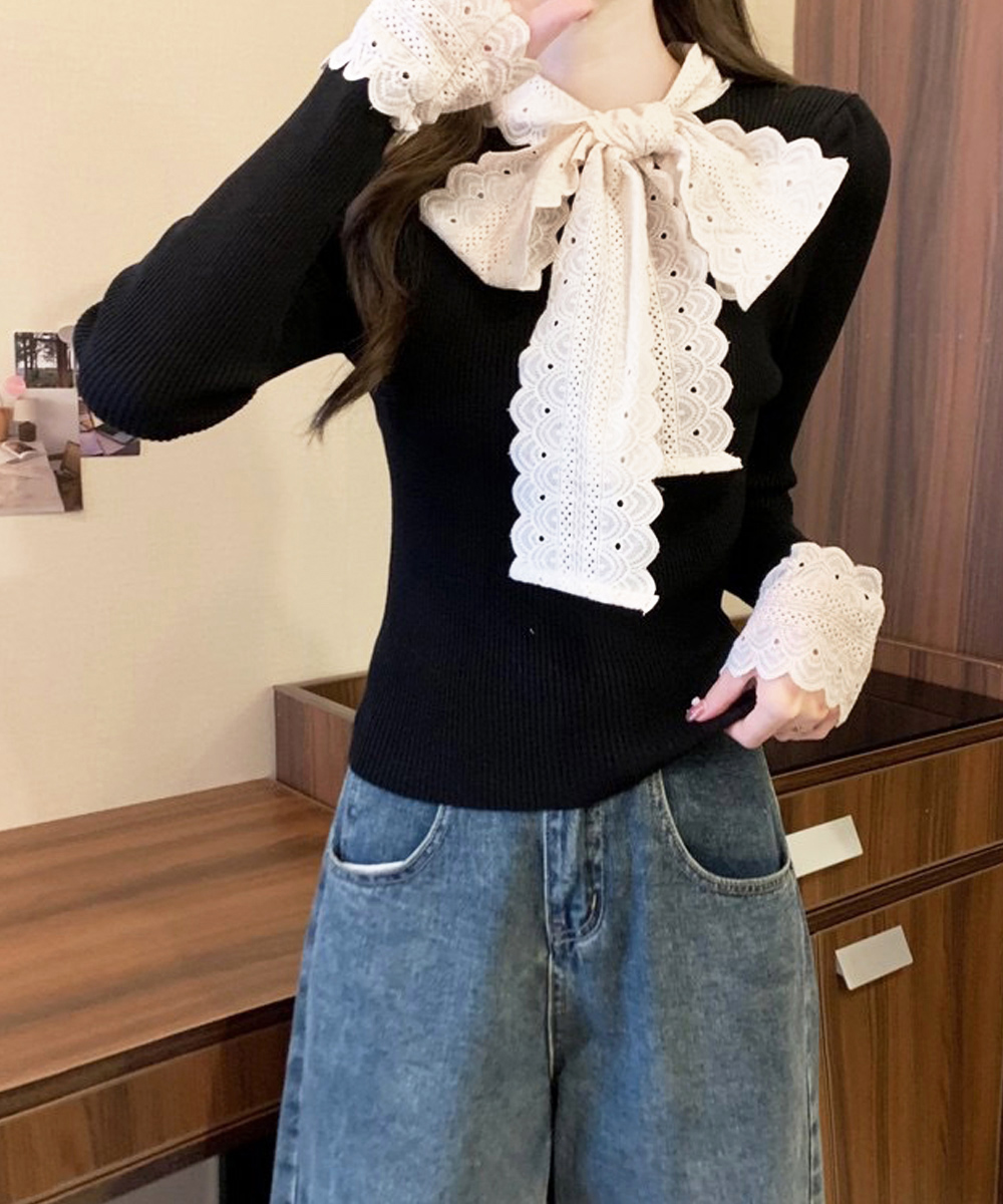 ネイビーコーデ 刺繍レース襟タイ付きトップス長袖リブニット