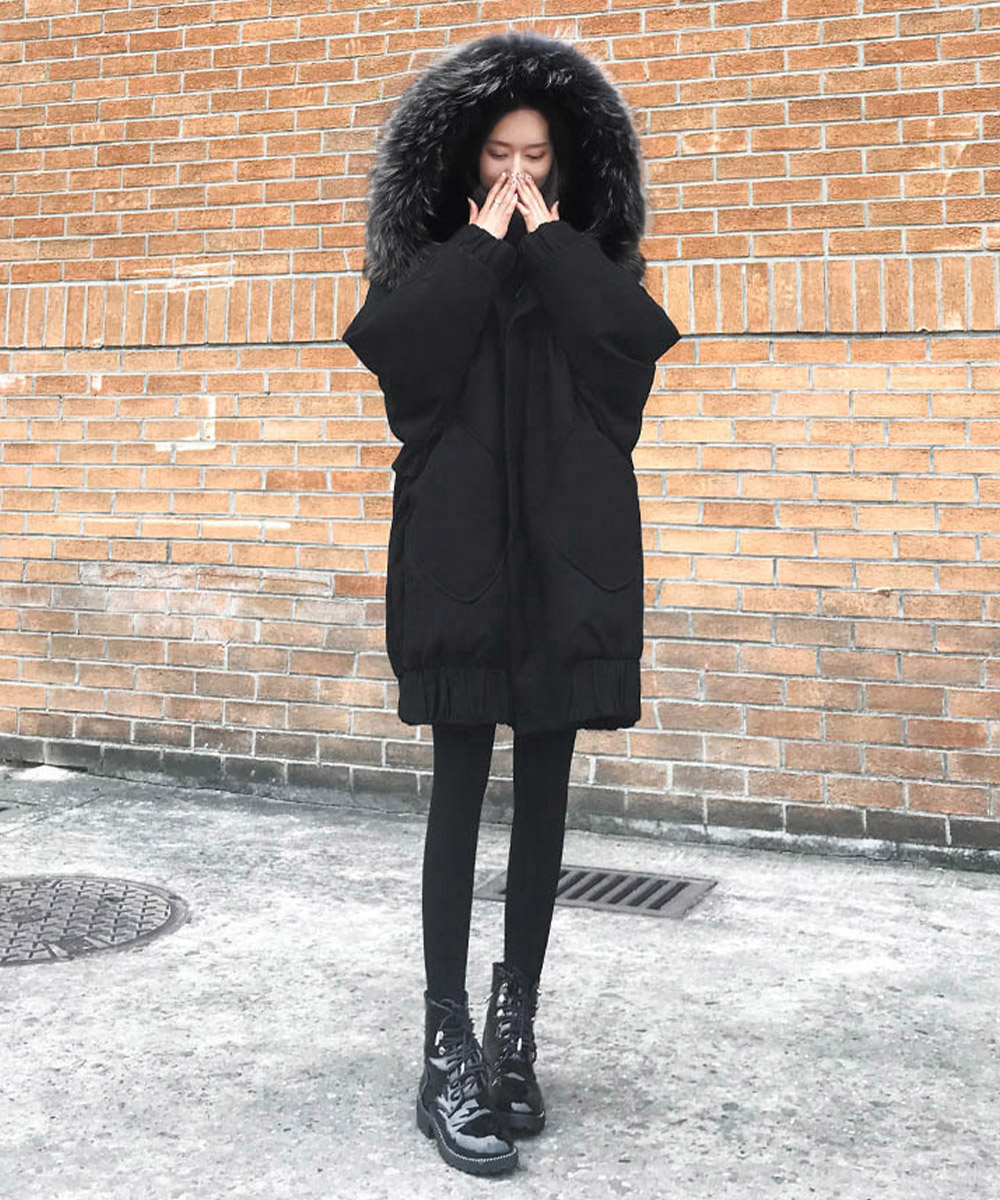 ネイビーコーデ 中綿ロングコートファー付きアウター防寒コート