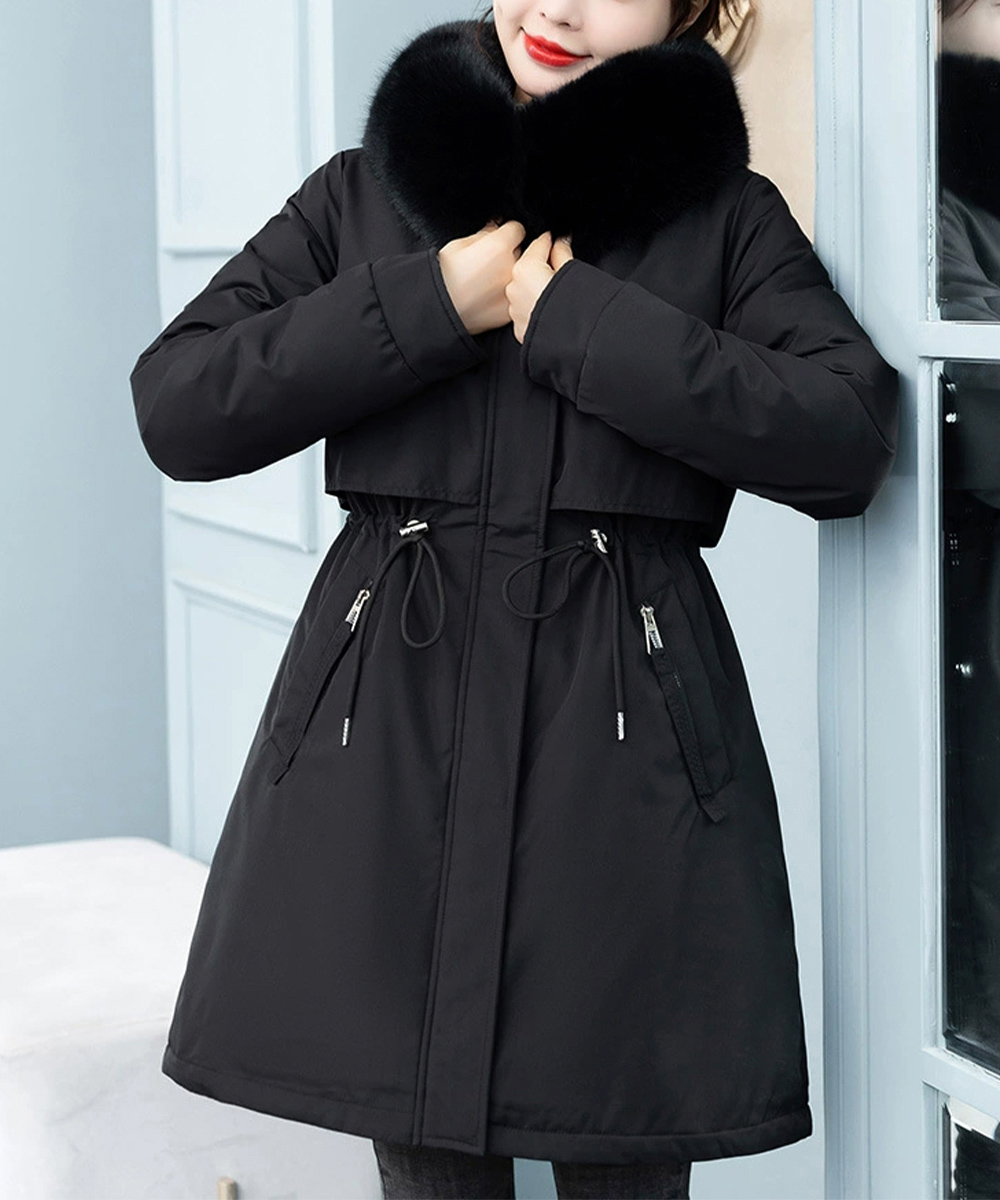 ネイビーコーデ 中綿入りファーフード付きミドル丈アウター韓国風