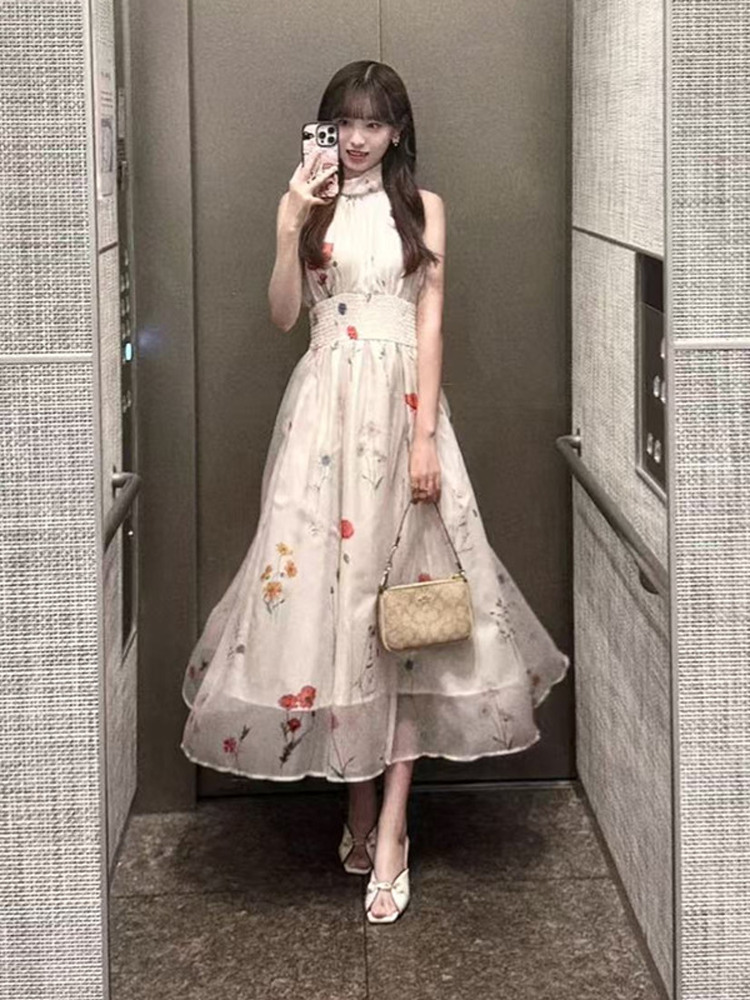 ネイビーコーデ 花の綾織り ノースリーブロングワンピース