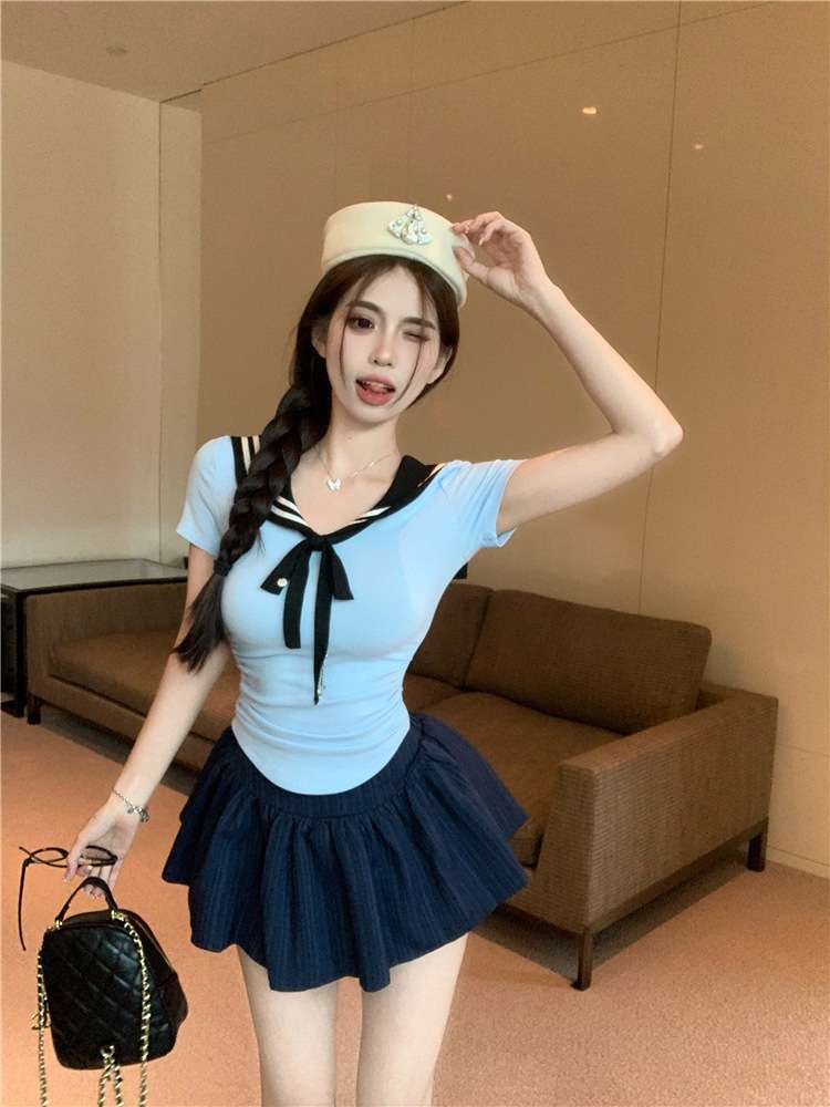 ネイビーファッション マリン風リボン セーラー服制服 セットアップ