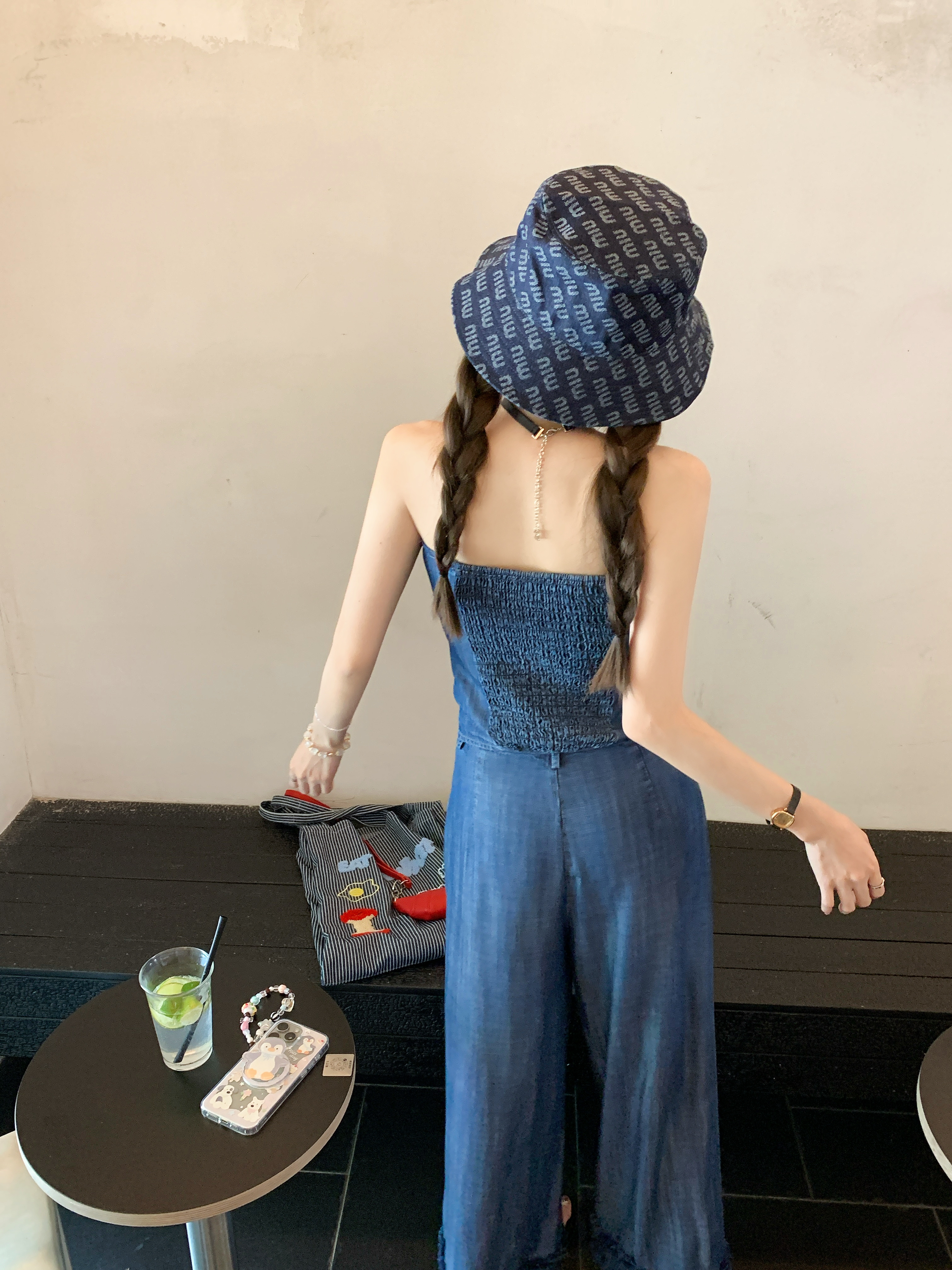 ネイビーコーデ ネイビーコーデ リボン付きデニムワイドパンツ