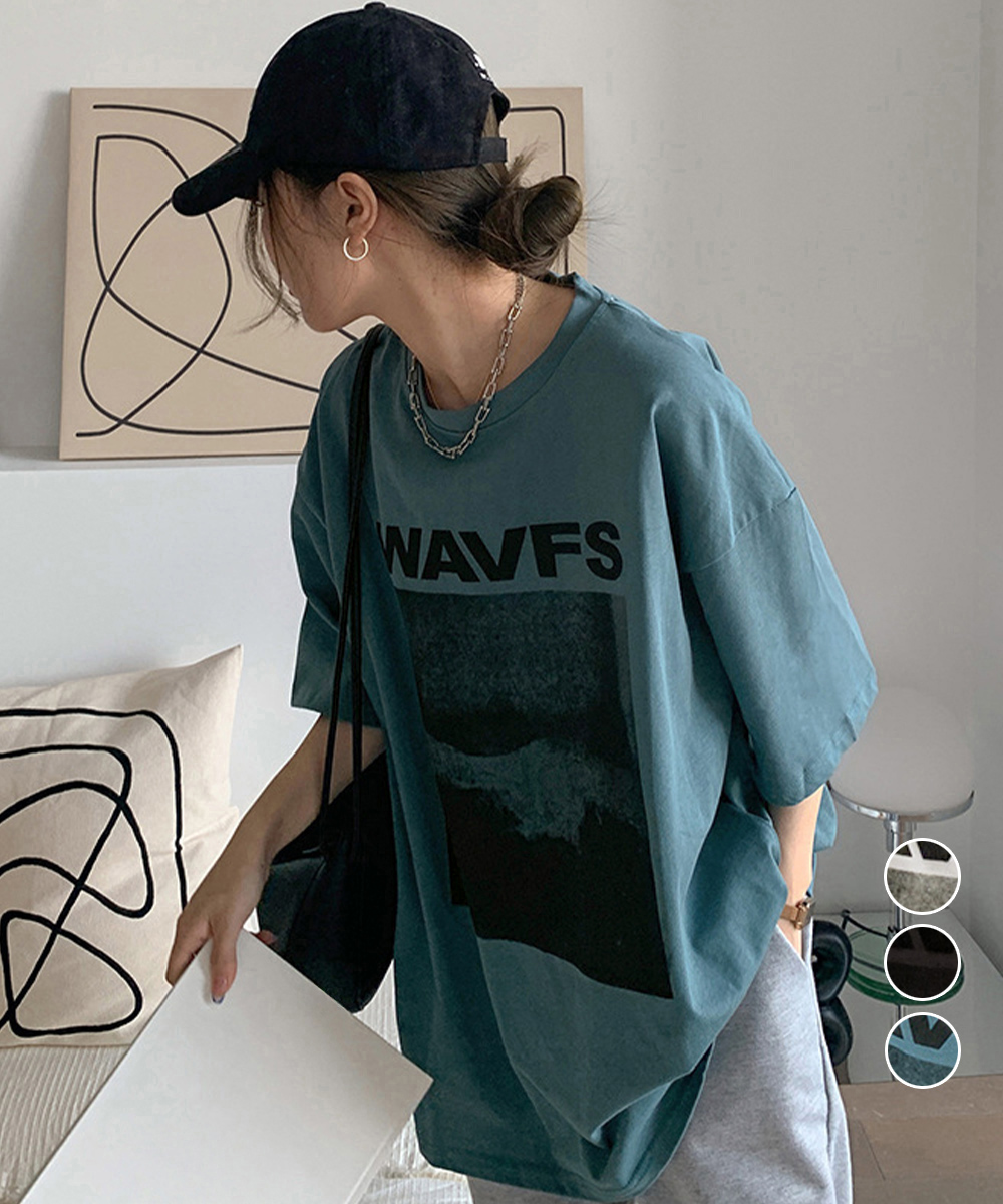 ネイビーコーデ ゆったりロゴプリント ビッグシルエット 韓国風Tシャツ