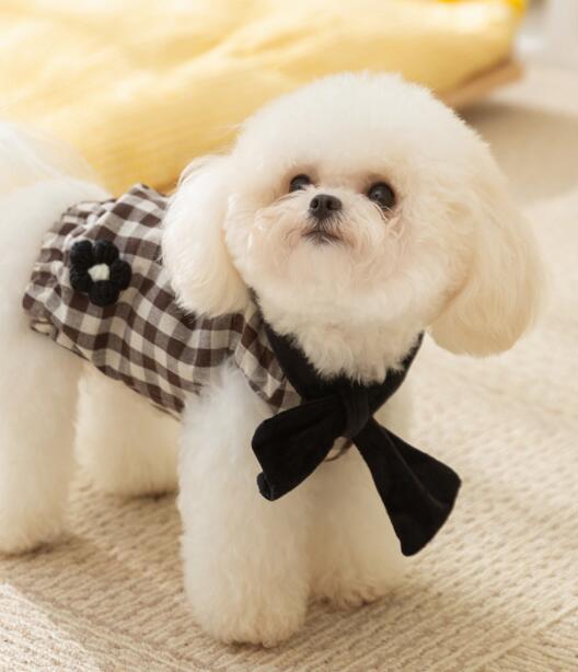 ネイビーコーデ ペット服 上品なチェック柄リボン付き防寒ワンピース