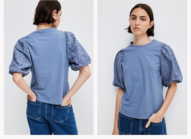 ネイビーコーデ ふんわりパフスリーブ半袖Tシャツ