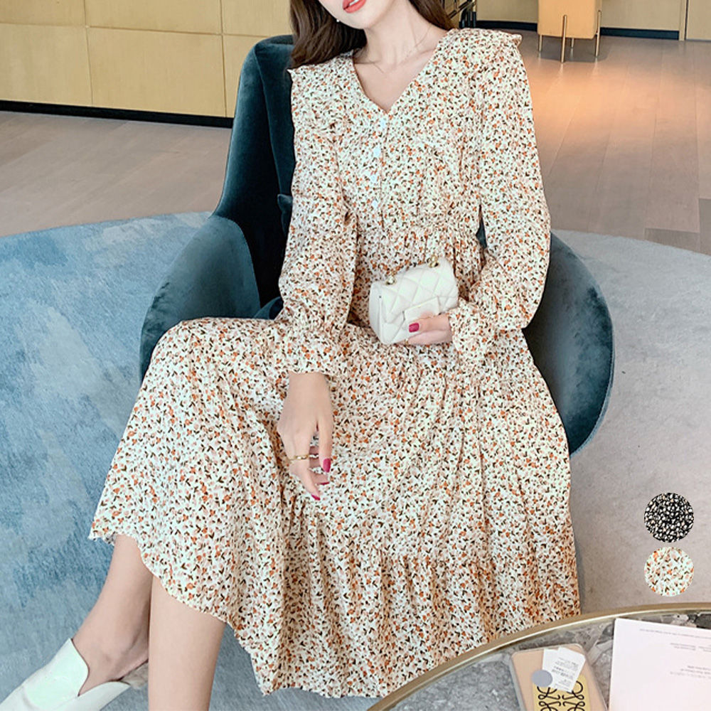 ネイビーコーデ 花柄ティアード長袖ワンピース体型カバードレス