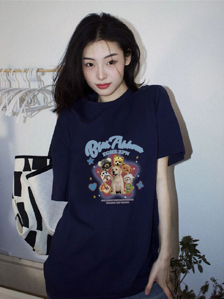 ネイビーコーデ わんこ集合プリント半袖Tシャツ