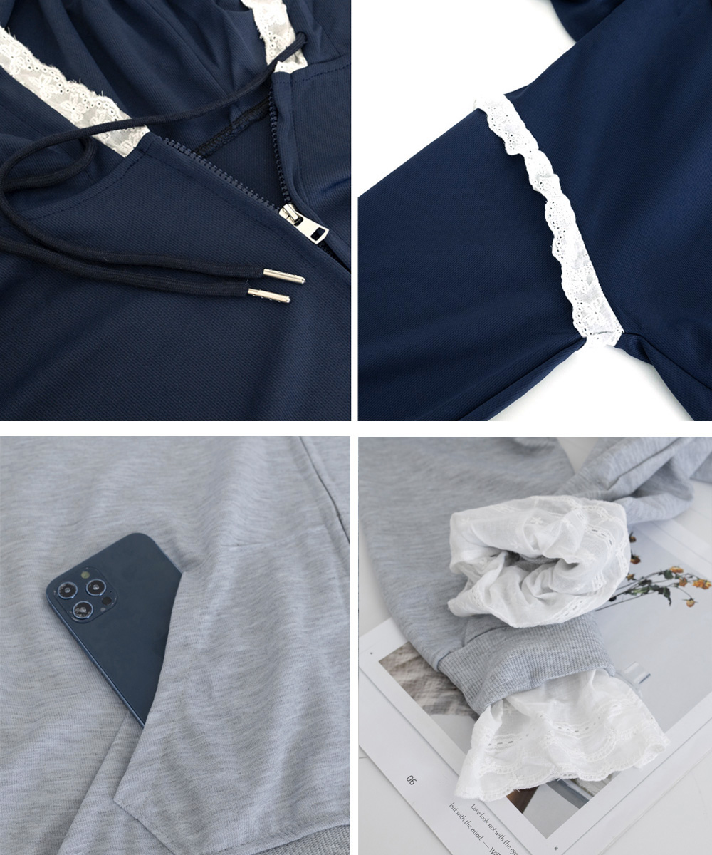ネイビーコーデ レース切り替え前開きトップス韓国風ゆったりパーカー
