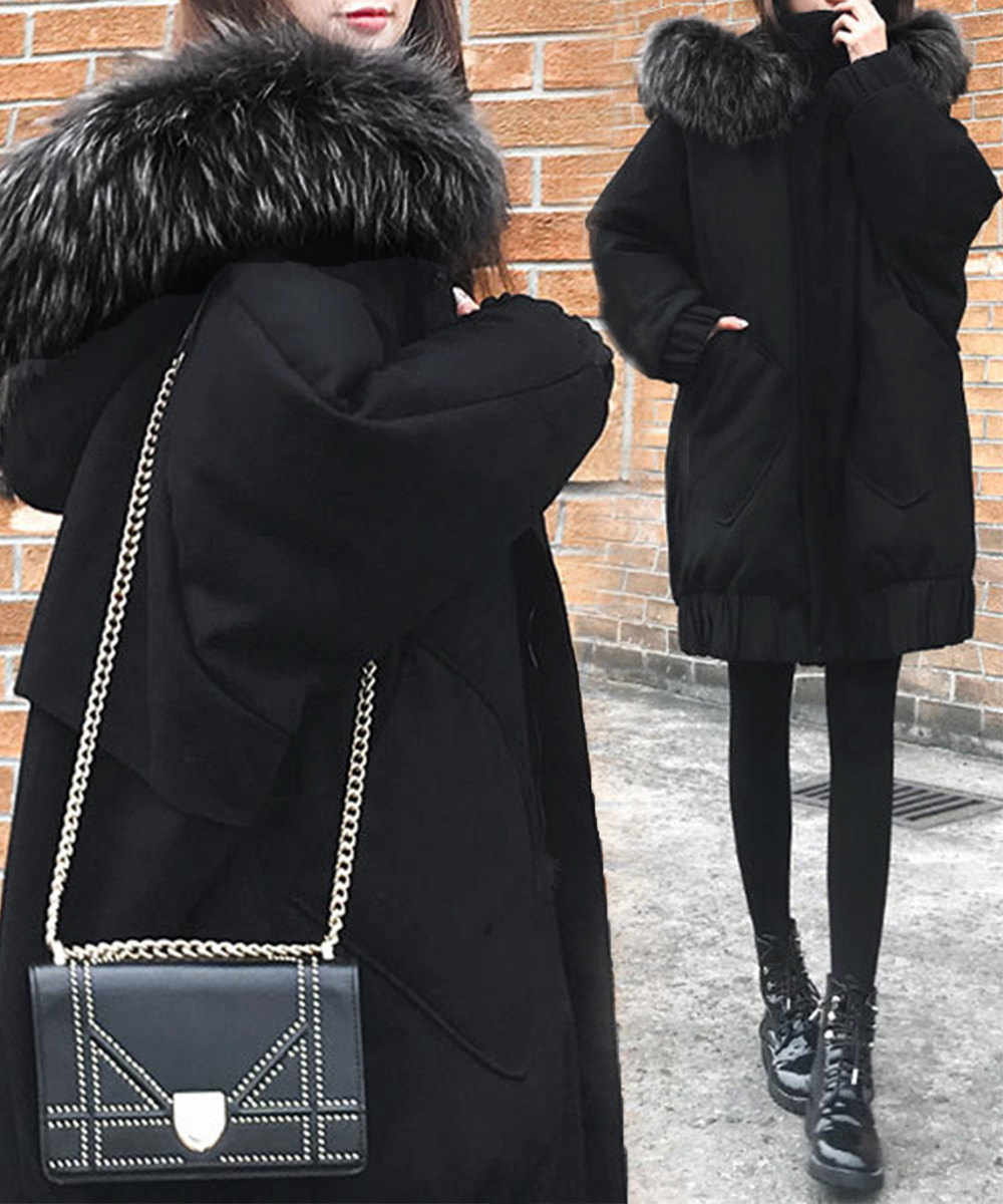 ネイビーコーデ 中綿ロングコートファー付きアウター防寒コート