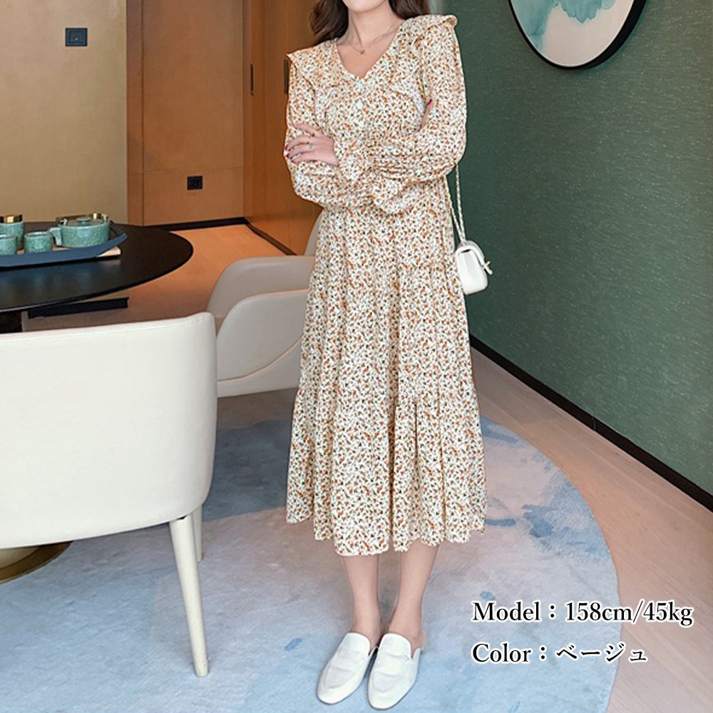ネイビーコーデ 花柄ティアード長袖ワンピース体型カバードレス