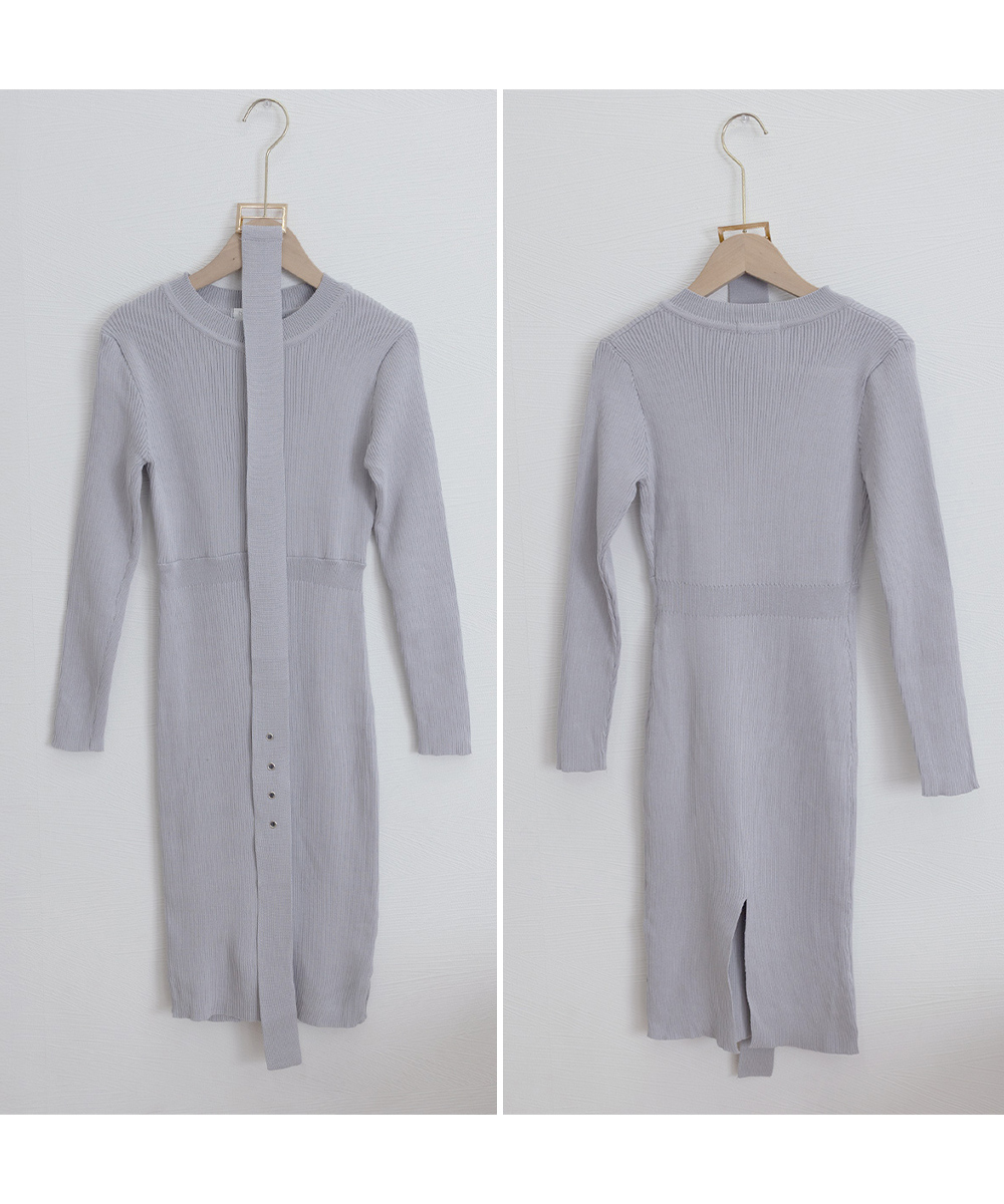 ネイビーコーデ リブニット膝丈ワンピース ベルト付きドレス秋冬