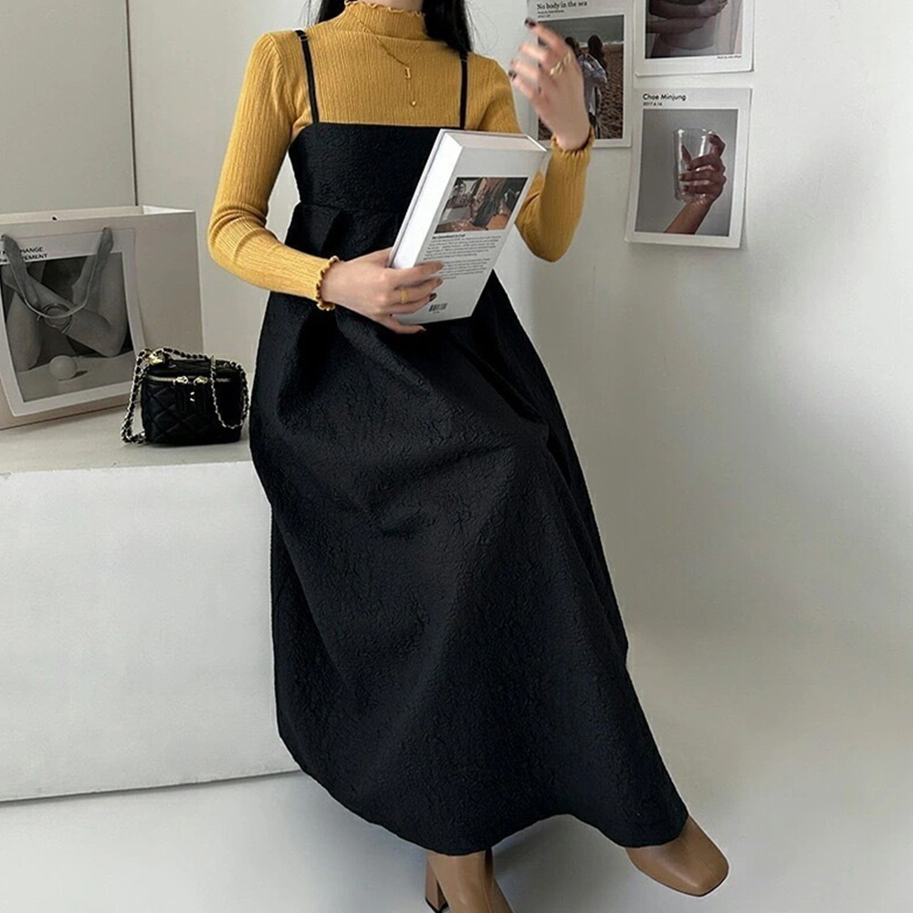 ネイビーコーデ 波模様編み込みキャミワンピース ドレス重ね着