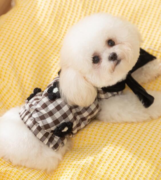 ネイビーコーデ ペット服 上品なチェック柄リボン付き防寒ワンピース